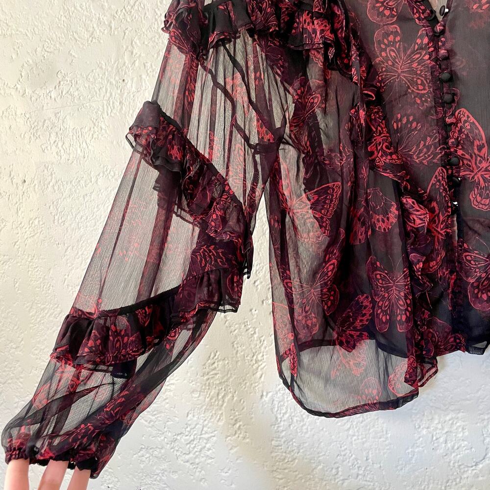 MISA Los Angeles Frida Butterfly Sheer Blouse Ruffle Puffy Sleeves sz XS X-Small - Picture 4 of 13